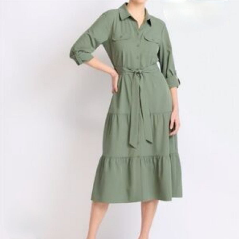 LUCKY BRAND Olive Green Stretchy Belted Button Front Tiered Midi Dress‎ Size XL
